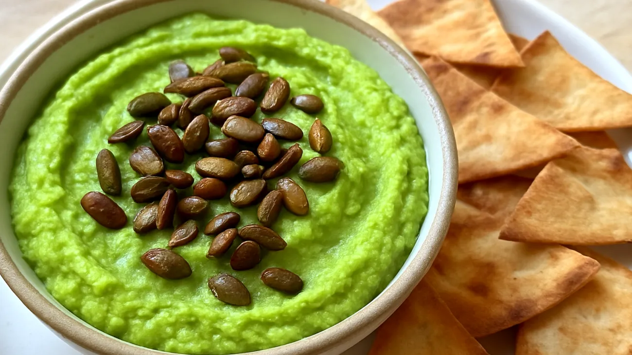 Edamame-Hummus mit gerösteten Kürbiskernen"