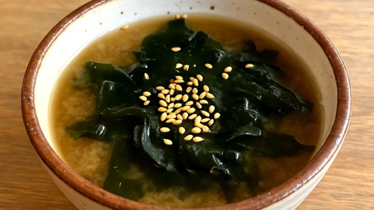 Miso-Suppe mit Wakame-Algen und geröstetem Sesam"
