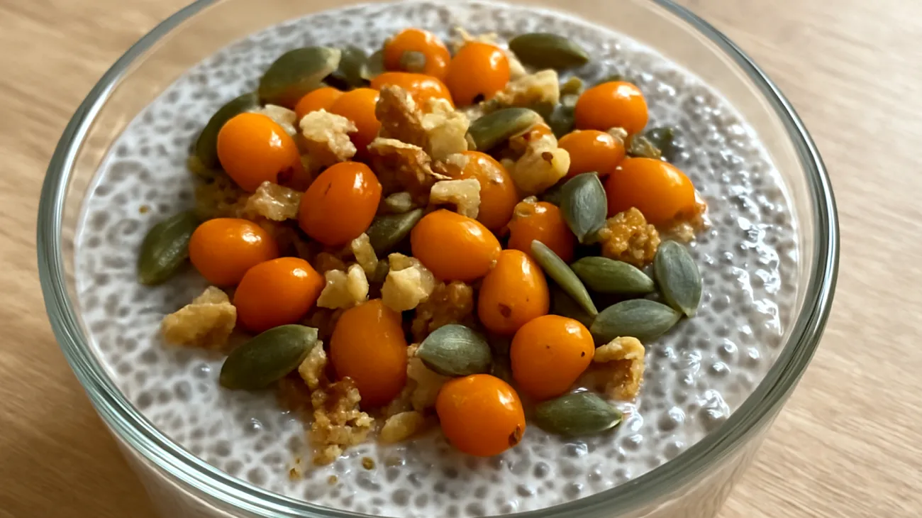 Sanddorn-Walnuss-Chia-Pudding mit Kürbiskernen"