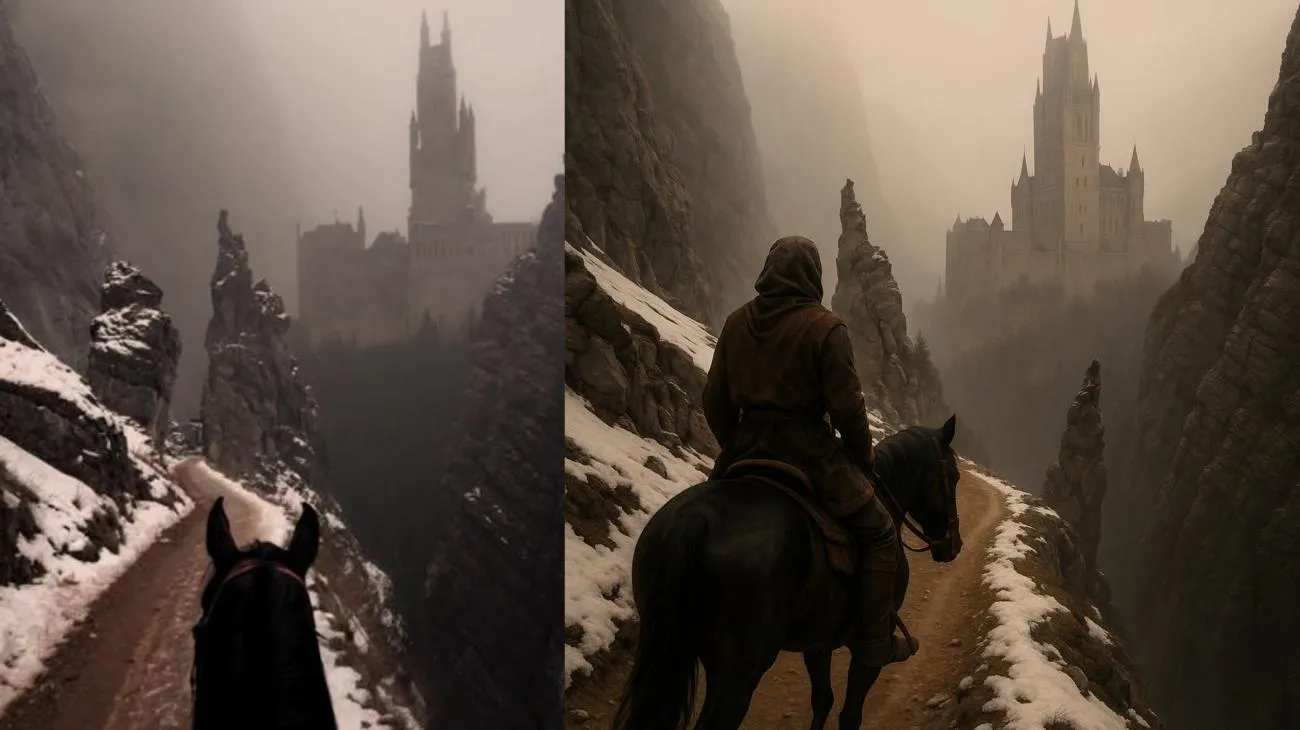 Mystische Reise zu einem gotischen Schloss im Nebel"